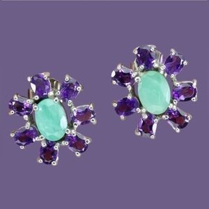 925 Sterling Silver Earrings with Natural Oval Emerald 7x5mm & Amethyst Gems